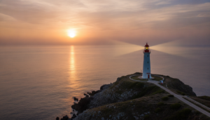 A lighthouse shines a bright light at dawn, a symbol of hope during Suicide Prevention Awareness Month.