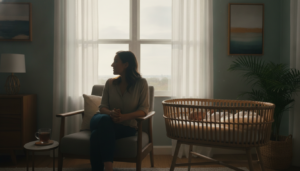 A new mother sits calmly by a window, reflecting on postpartum anxiety symptoms while her baby sleeps.